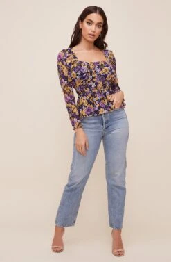 Cinched Waist Long Sleeve Top -Outlet Cozi Luxe Store AT16579 MUSTARDPURPLEFLORAL 1