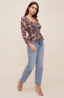 Cinched Waist Long Sleeve Top -Outlet Cozi Luxe Store AT16579 MUSTARDPURPLEFLORAL 2