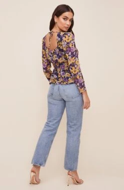 Cinched Waist Long Sleeve Top -Outlet Cozi Luxe Store AT16579 MUSTARDPURPLEFLORAL 5
