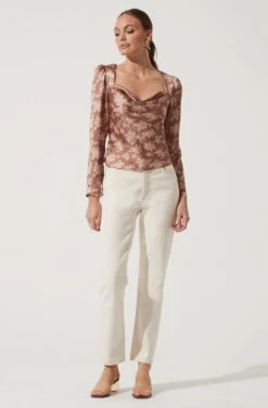 Floral Long Sleeve Back Cutout Top -Outlet Cozi Luxe Store AT16641 TAUPE FLORAL 1032