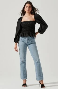 Long Bubble Sleeve Smocked Top -Outlet Cozi Luxe Store AT16687L BLACK 1