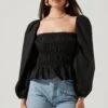 Long Bubble Sleeve Smocked Top -Outlet Cozi Luxe Store AT16687L BLACK 2