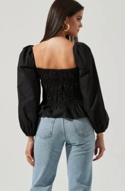 Long Bubble Sleeve Smocked Top -Outlet Cozi Luxe Store AT16687L BLACK 4