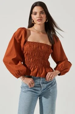 Long Bubble Sleeve Smocked Top -Outlet Cozi Luxe Store AT16687L RUST 2