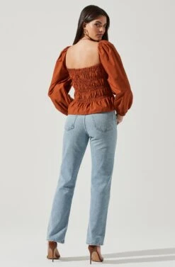 Long Bubble Sleeve Smocked Top -Outlet Cozi Luxe Store AT16687L RUST 3