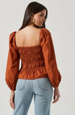 Long Bubble Sleeve Smocked Top -Outlet Cozi Luxe Store AT16687L RUST 4
