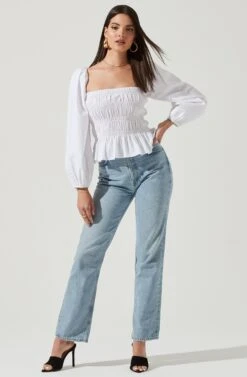 Long Bubble Sleeve Smocked Top -Outlet Cozi Luxe Store AT16687L WHITE 1