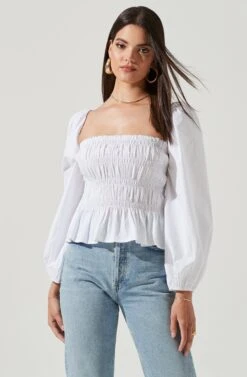 Long Bubble Sleeve Smocked Top -Outlet Cozi Luxe Store AT16687L WHITE 2