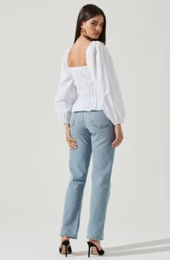 Long Bubble Sleeve Smocked Top -Outlet Cozi Luxe Store AT16687L WHITE 3