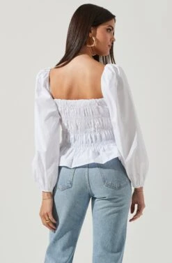 Long Bubble Sleeve Smocked Top -Outlet Cozi Luxe Store AT16687L WHITE 4