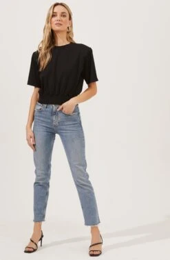 Volume Shoulder Short Sleeve Crop Tee 29 Volume Shoulder Short Sleeve Crop Tee -Outlet Cozi Luxe Store AT16708 BLACK 1