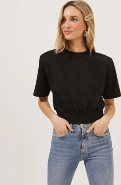 Volume Shoulder Short Sleeve Crop Tee 26 Volume Shoulder Short Sleeve Crop Tee -Outlet Cozi Luxe Store AT16708 BLACK 2