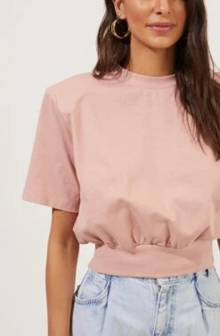 Volume Shoulder Short Sleeve Crop Tee 24 Volume Shoulder Short Sleeve Crop Tee -Outlet Cozi Luxe Store AT16708 DUSTYROSE 4