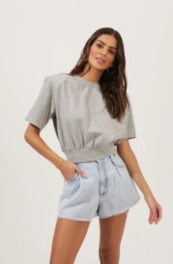 Volume Shoulder Short Sleeve Crop Tee 32 Volume Shoulder Short Sleeve Crop Tee -Outlet Cozi Luxe Store AT16708 HEATHERGREY 2