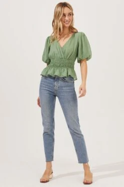 Bubble Sleeve Smocked Top 22 Bubble Sleeve Smocked Top -Outlet Cozi Luxe Store AT16720 003 SAGE 2