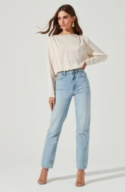 Pleated Shoulder Long Sleeve Top -Outlet Cozi Luxe Store AT16811B CREAM 1921