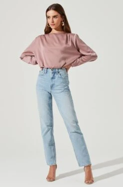 Pleated Shoulder Long Sleeve Top -Outlet Cozi Luxe Store AT16811B MAUVE 1936