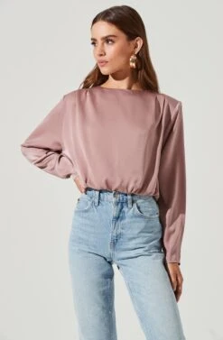 Pleated Shoulder Long Sleeve Top -Outlet Cozi Luxe Store AT16811B MAUVE 1942
