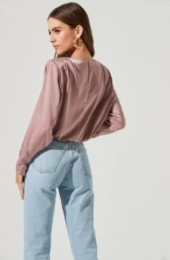 Pleated Shoulder Long Sleeve Top -Outlet Cozi Luxe Store AT16811B MAUVE 1950
