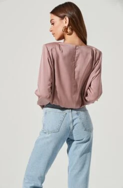 Pleated Shoulder Long Sleeve Top -Outlet Cozi Luxe Store AT16811B MAUVE 1952
