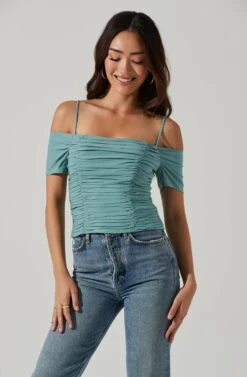 Ruched Off Shoulder Top 16 Ruched Off Shoulder Top -Outlet Cozi Luxe Store AT16814B DARKSAGE 0485