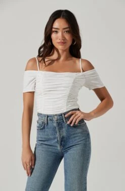 Ruched Off Shoulder Top 20 Ruched Off Shoulder Top -Outlet Cozi Luxe Store AT16814B WHITE 0468