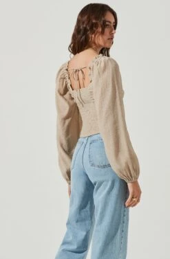 Swiss Dot Puff Sleeve Top -Outlet Cozi Luxe Store AT16898 TAUPE 4