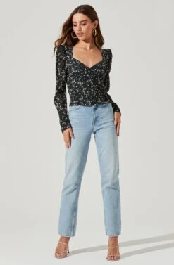 Long Sleeve Floral Cinched Bust Top -Outlet Cozi Luxe Store AT16915B BLACKIVORYFLORAL 1802