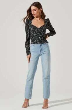 Long Sleeve Floral Cinched Bust Top -Outlet Cozi Luxe Store AT16915B BLACKIVORYFLORAL 1805