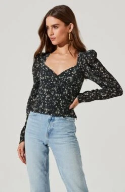 Long Sleeve Floral Cinched Bust Top -Outlet Cozi Luxe Store AT16915B BLACKIVORYFLORAL 1806