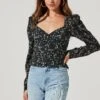 Long Sleeve Floral Cinched Bust Top -Outlet Cozi Luxe Store AT16915B BLACKIVORYFLORAL 1811