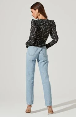 Long Sleeve Floral Cinched Bust Top -Outlet Cozi Luxe Store AT16915B BLACKIVORYFLORAL 1819