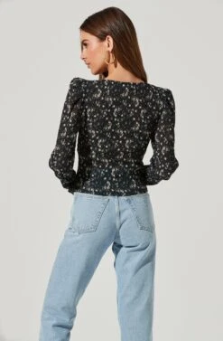 Long Sleeve Floral Cinched Bust Top -Outlet Cozi Luxe Store AT16915B BLACKIVORYFLORAL 1827