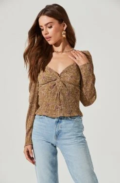 Long Sleeve Floral Cinched Bust Top -Outlet Cozi Luxe Store AT16915B MUSTARDFLORAL 1420
