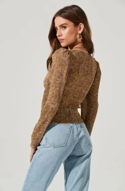 Long Sleeve Floral Cinched Bust Top -Outlet Cozi Luxe Store AT16915B MUSTARDFLORAL 1426