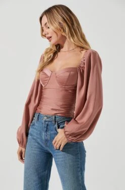 Long Sleeve Milkmaid Top -Outlet Cozi Luxe Store AT16942 DARKBLUSH 2