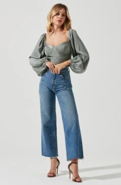 Long Sleeve Milkmaid Top -Outlet Cozi Luxe Store AT16942 SAGE 1