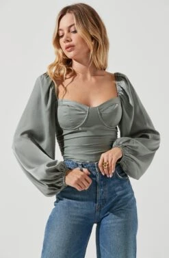 Long Sleeve Milkmaid Top -Outlet Cozi Luxe Store AT16942 SAGE 2