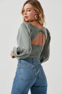 Long Sleeve Milkmaid Top -Outlet Cozi Luxe Store AT16942 SAGE 4