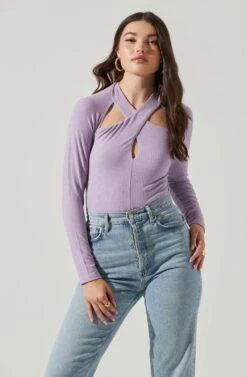 Long Sleeve Cutout Bodysuit -Outlet Cozi Luxe Store AT16961 PURPLE 2