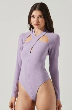 Long Sleeve Cutout Bodysuit -Outlet Cozi Luxe Store AT16961 PURPLE 8