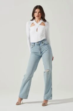 Long Sleeve Cutout Bodysuit -Outlet Cozi Luxe Store AT16961 WHITE 2