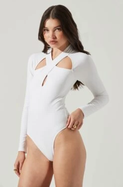 Long Sleeve Cutout Bodysuit -Outlet Cozi Luxe Store AT16961 WHITE 7