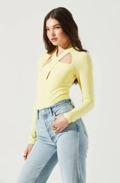 Long Sleeve Cutout Bodysuit -Outlet Cozi Luxe Store AT16961 YELLOW 3