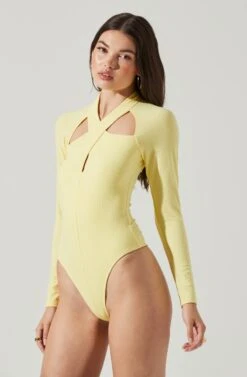 Long Sleeve Cutout Bodysuit -Outlet Cozi Luxe Store AT16961 YELLOW 6