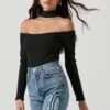 Long Sleeve Cutout Choker Bodysuit -Outlet Cozi Luxe Store AT16968 BLACK 1442