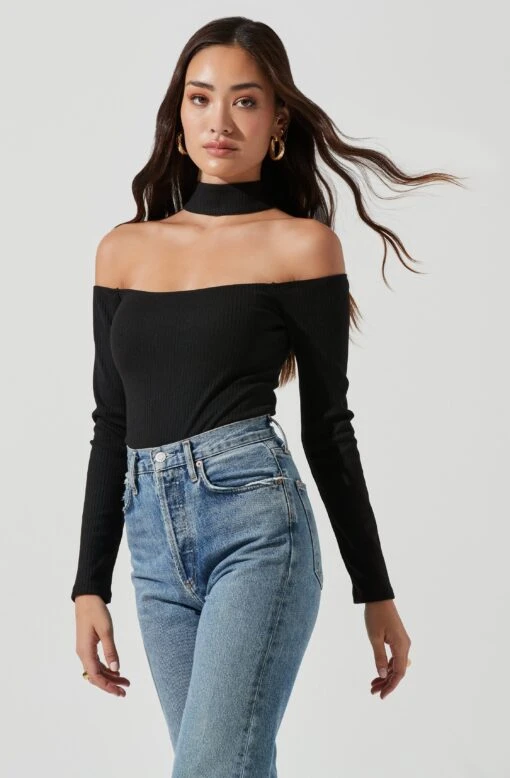 Long Sleeve Cutout Choker Bodysuit -Outlet Cozi Luxe Store AT16968 BLACK 1442