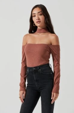 Long Sleeve Cutout Choker Bodysuit -Outlet Cozi Luxe Store AT16968 DUSTYPINK 0969