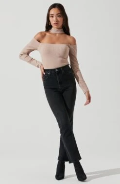 Long Sleeve Cutout Choker Bodysuit -Outlet Cozi Luxe Store AT16968 NUDE 1125