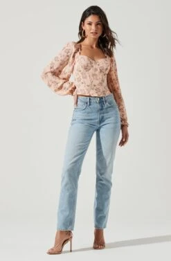 Long Sleeve Sweetheart Neck Top -Outlet Cozi Luxe Store AT17072B PINKMULTIFLORAL 0264